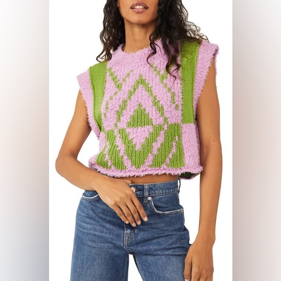 Free People Sweaters - Free People Diamonds For Days Vest Pink Green Size Small New